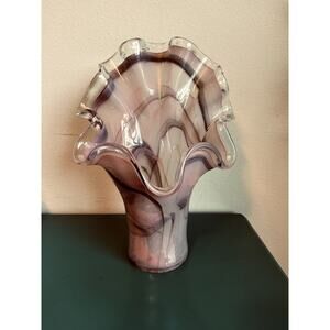 Stunning Handblown Murano Style Art Glass Vase Pink Purple Swirls, Ruffled Edge